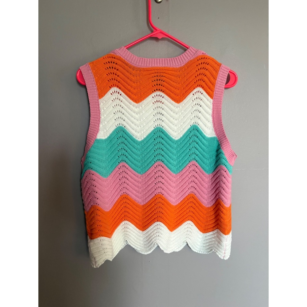 Cider Chevron Stripe Pointelle Knit Sweater Vest Orange Pink Teal Small - Picture 4 of 4